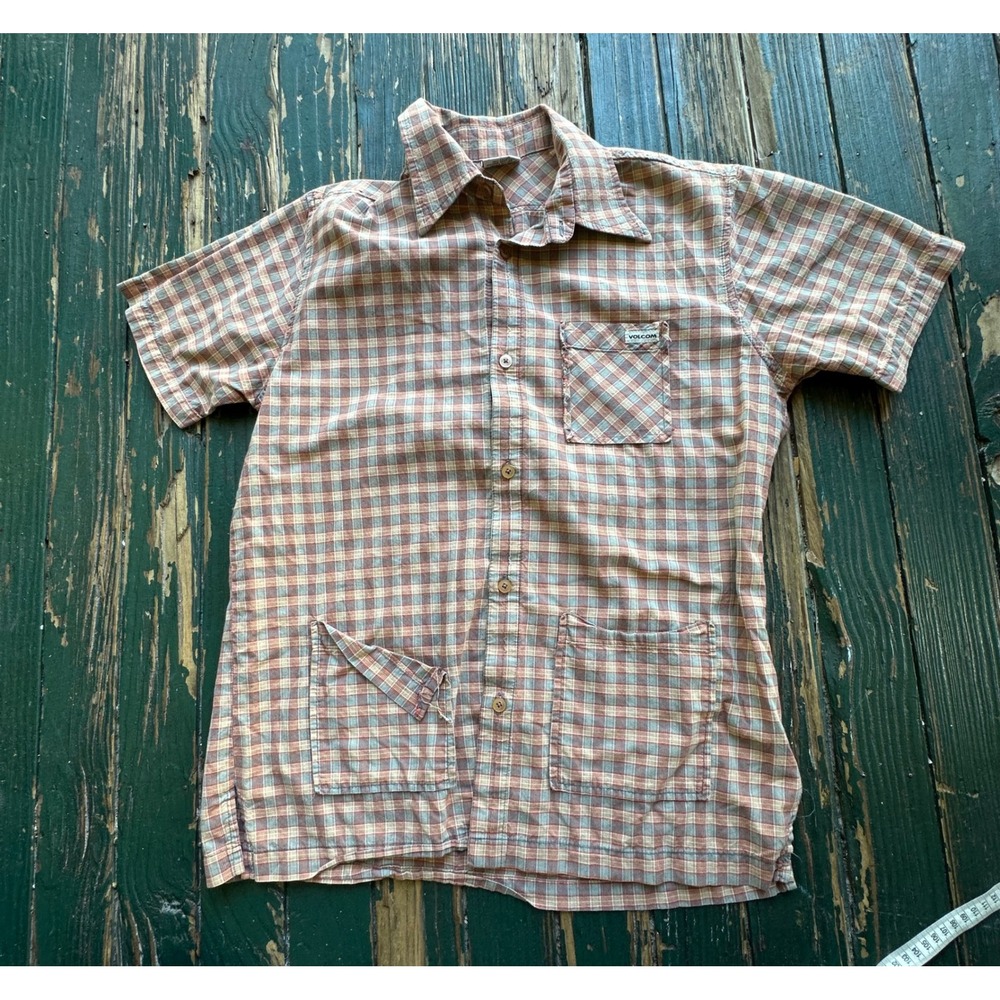 Y2k Volcom Mens Plaid Short Sleeve Button Down Shirt Orange Blue Cotton L Vtg